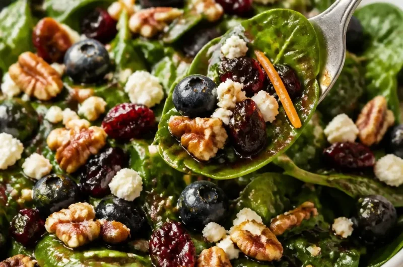 Blaubeer-Spinat-Salat mit Honig-Balsamico-Dressing in einer Schüssel