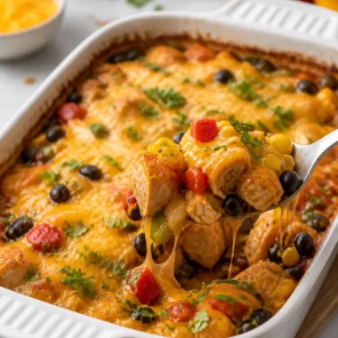 Ein köstlicher Chicken Fajita Casserole mit buntem Gemüse und Käse