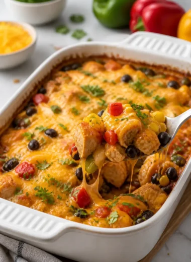 Ein köstlicher Chicken Fajita Casserole mit buntem Gemüse und Käse