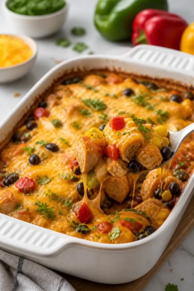 Ein köstlicher Chicken Fajita Casserole mit buntem Gemüse und Käse
