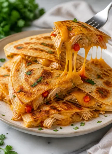 Leckere Chicken Quesadillas mit Hühnchen, Käse und frischem Gemüse.