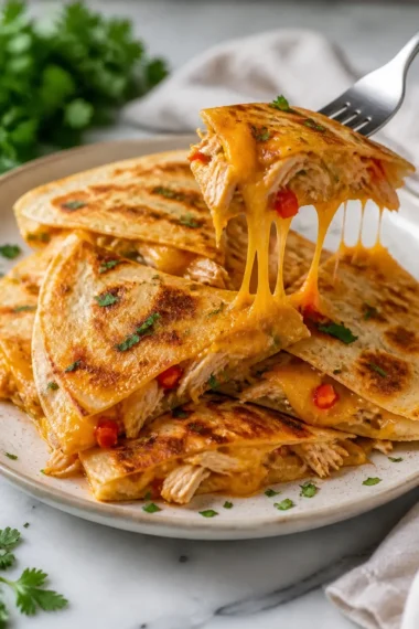 Leckere Chicken Quesadillas mit Hühnchen, Käse und frischem Gemüse.