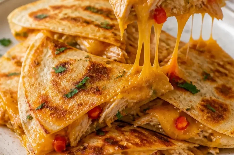 Leckere Chicken Quesadillas mit Hühnchen, Käse und frischem Gemüse.