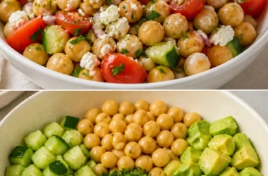 Schüssel mit frischem Kichererbsensalat, gesundes Rezept mit Gemüse und Dressing.