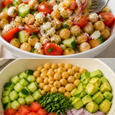 Chickpea Salad Recipe 38 Schüssel mit frischem Kichererbsensalat, gesundes Rezept mit Gemüse und Dressing.