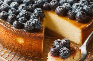 Klassisches New York Baked Cheesecake mit cremiger Textur und goldbrauner Oberfläche.