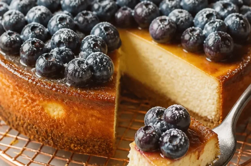 Klassisches New York Baked Cheesecake mit cremiger Textur und goldbrauner Oberfläche.