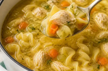 Schüssel mit wohltuender Hühnernudelsuppe mit frischen Kräutern und Gemüse