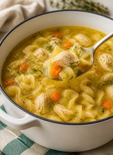 Schüssel mit wohltuender Hühnernudelsuppe mit frischen Kräutern und Gemüse