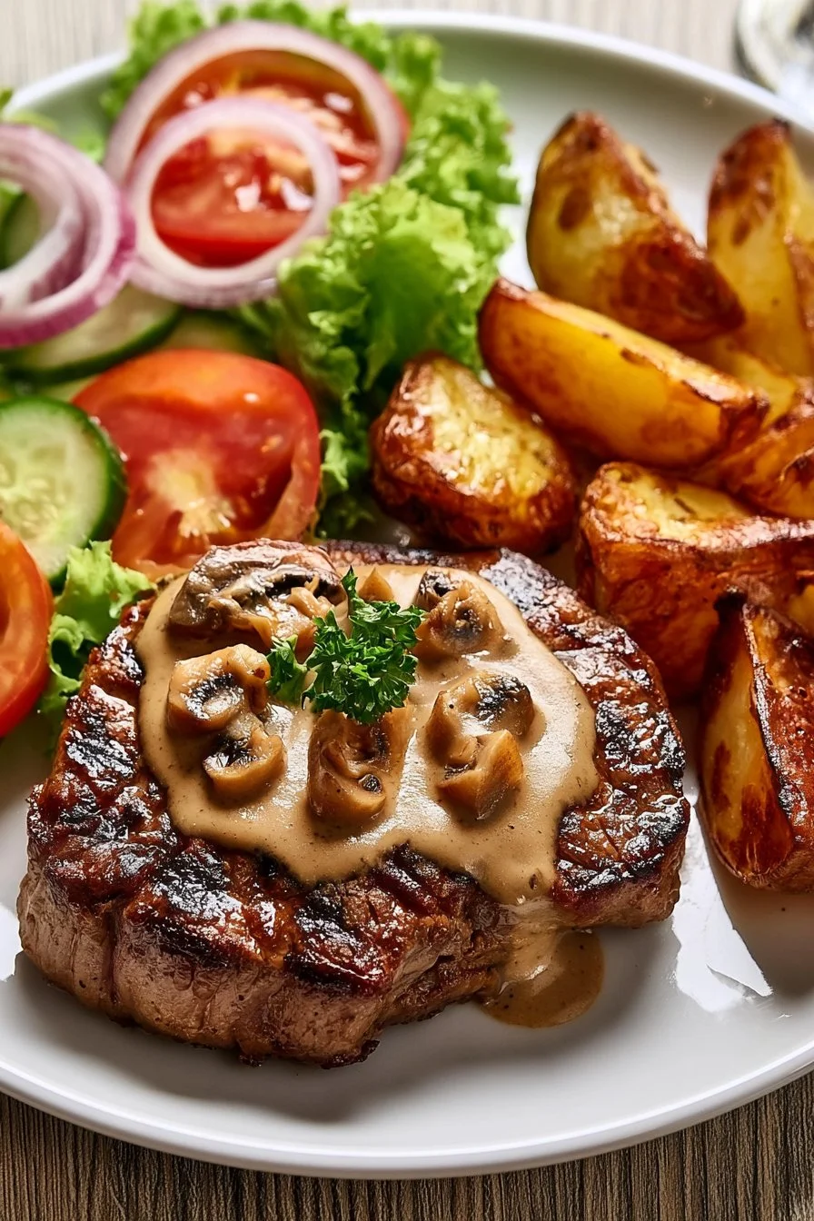 Creamy Mushroom Steak with Golden Potato Wedges & Fresh Garden Salad 32 Creamy Mushroom Steak with Golden Potato Wedges & Fresh Garden Salad