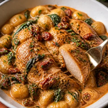 Creamy Tuscan 'Marry Me' Chicken 37 Cremiges Tuscan Chicken auf einem Teller, dekoriert mit frischen Kräutern.