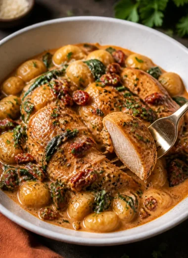 Cremiges Tuscan Chicken auf einem Teller, dekoriert mit frischen Kräutern.