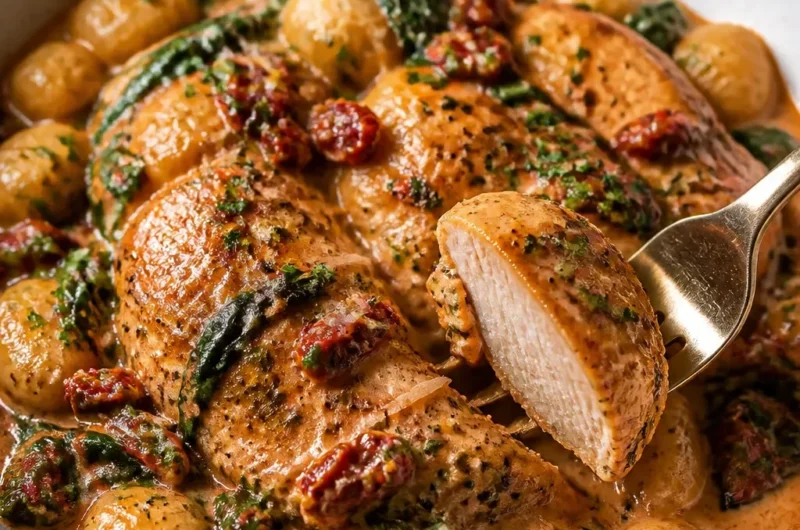 Cremiges Tuscan Chicken auf einem Teller, dekoriert mit frischen Kräutern.