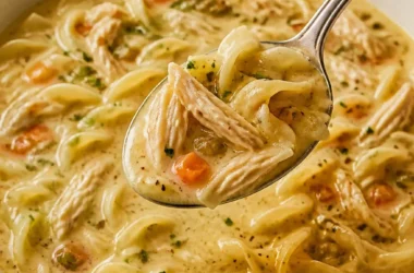Cremige Hühner-Nudelsuppe in einer Schüssel mit frischen Kräutern