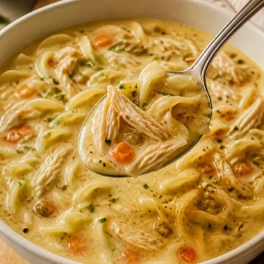 Cremige Hühner-Nudelsuppe 🍲 37 Cremige Hühner-Nudelsuppe in einer Schüssel mit frischen Kräutern