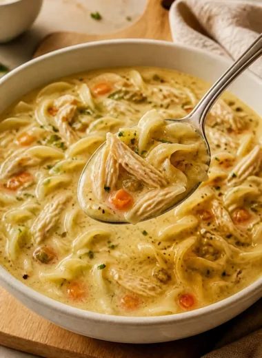 Cremige Hühner-Nudelsuppe in einer Schüssel mit frischen Kräutern