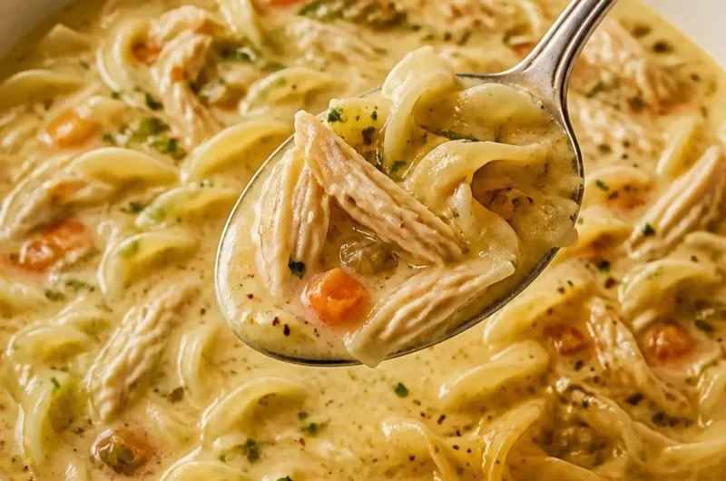 Cremige Hühner-Nudelsuppe in einer Schüssel mit frischen Kräutern