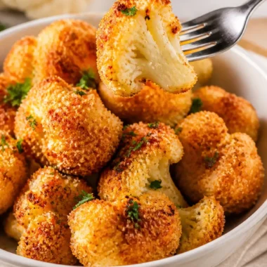 Crispy Parmesan Cauliflower Bites 37 Knusprige Parmesan Blumenkohlbissen auf einem Teller serviert.