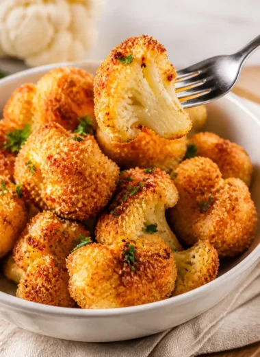 Knusprige Parmesan Blumenkohlbissen auf einem Teller serviert.