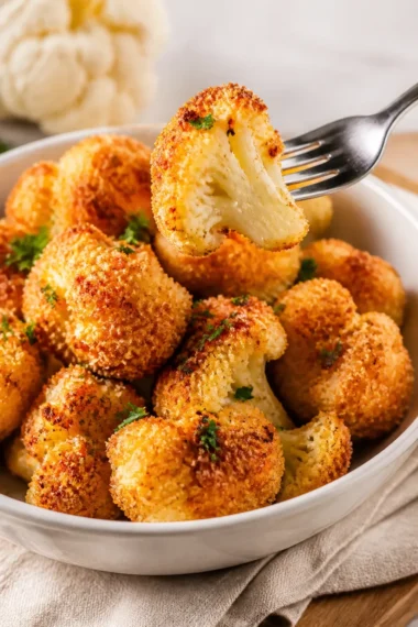 Knusprige Parmesan Blumenkohlbissen auf einem Teller serviert.