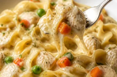 Crock Pot Chicken and Noodles Gericht im Slow Cooker zubereitet.