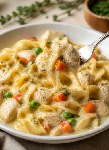 Crock Pot Chicken and Noodles Gericht im Slow Cooker zubereitet.
