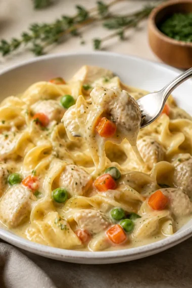 Crock Pot Chicken and Noodles Gericht im Slow Cooker zubereitet.