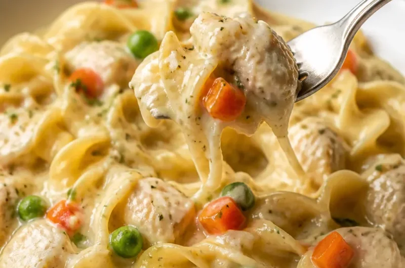 Crock Pot Chicken and Noodles Gericht im Slow Cooker zubereitet.