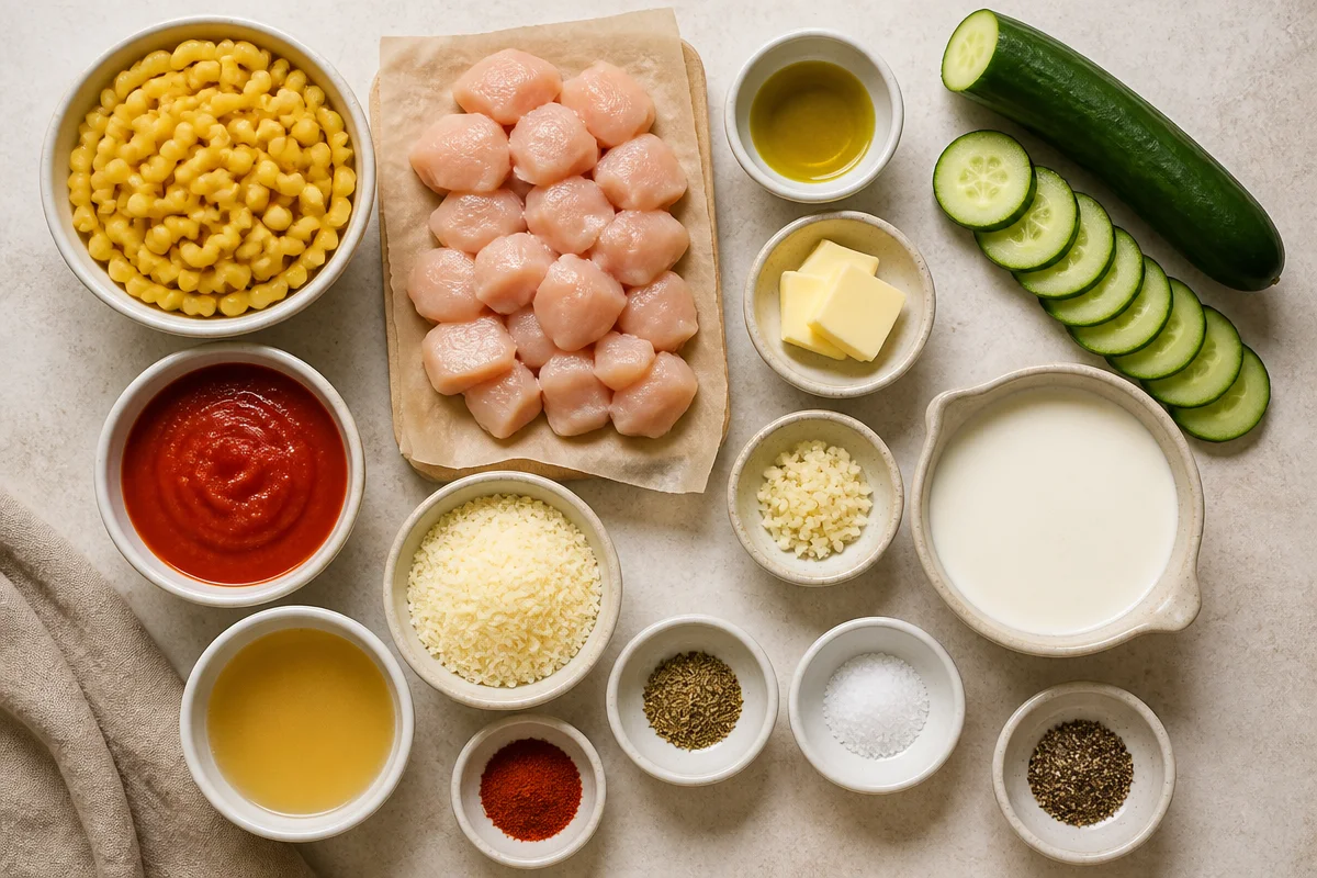 Creamy Chicken Pasta With Cucumber Bites