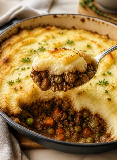 Ein Teller mit leckerem Shepherd's Pie, das Rezept einfach und schmackhaft.