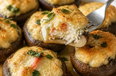 Ein Teller mit einfachen gefüllten Champignons mit Krabben und Käse