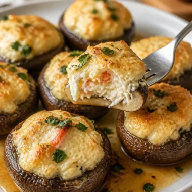 Ein Teller mit einfachen gefüllten Champignons mit Krabben und Käse