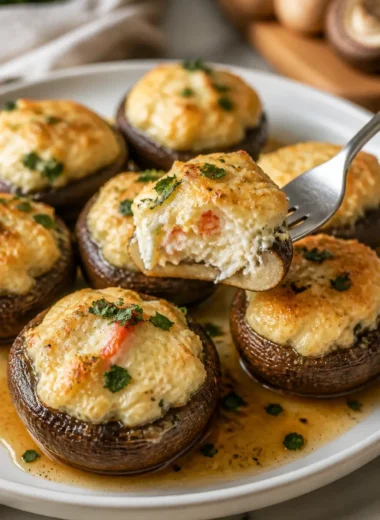 Ein Teller mit einfachen gefüllten Champignons mit Krabben und Käse