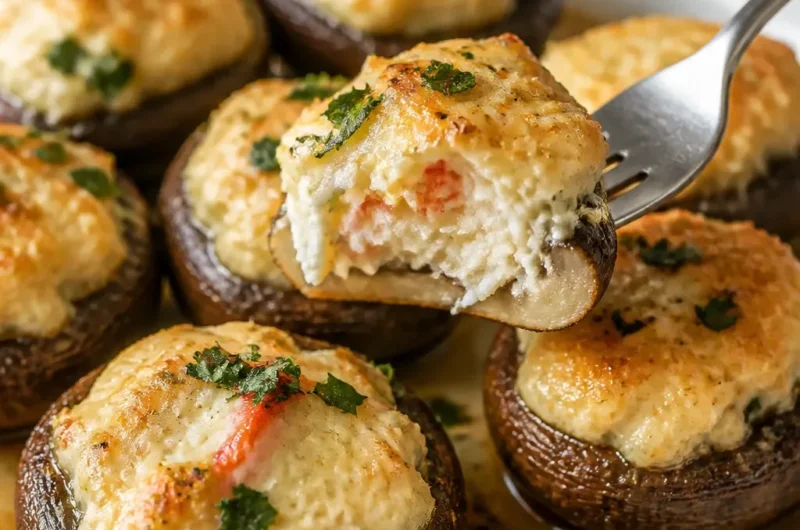 Ein Teller mit einfachen gefüllten Champignons mit Krabben und Käse