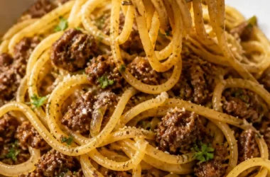 Köstliche Garlic Butter Beef Pasta serviert mit frischen Kräutern und Parmesan