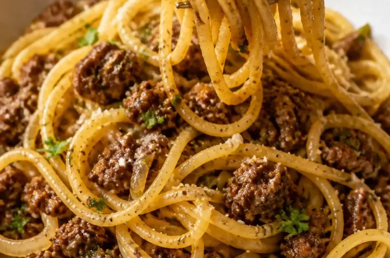 Köstliche Garlic Butter Beef Pasta serviert mit frischen Kräutern und Parmesan
