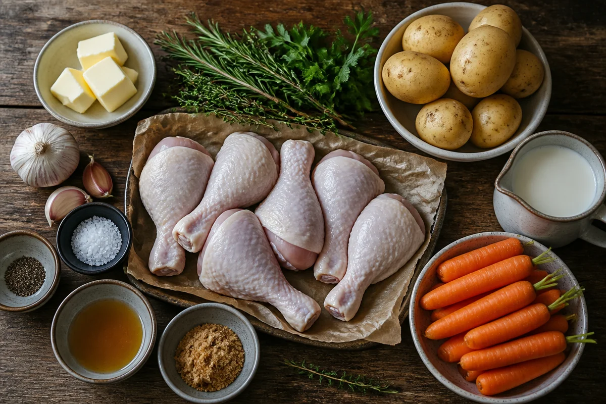 Herb Butter Roasted Chicken Drumsticks with Creamy Mashed Potatoes & Glazed Carrots