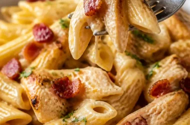 Hühnchen Penne mit knackigem Gemüse und cremiger Sauce