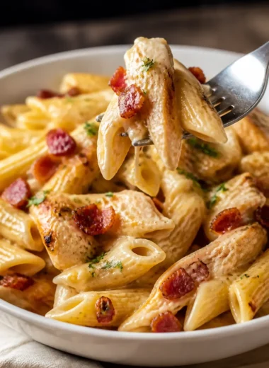 Hühnchen Penne mit knackigem Gemüse und cremiger Sauce