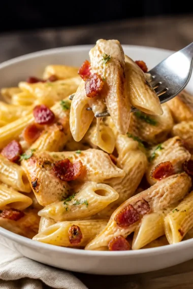 Hühnchen Penne mit knackigem Gemüse und cremiger Sauce