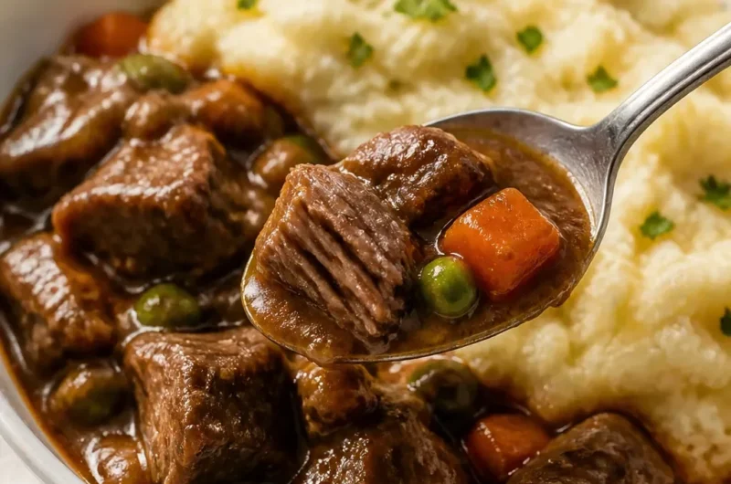 Irischer Eintopf mit Kartoffelbrei, serviert in einer Schüssel