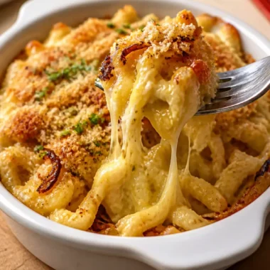 Käsespätzle mit karamellisierten Zwiebeln – Die ultimative Mac & Cheese 38 Käsespätzle mit karamellisierten Zwiebeln auf einem Teller serviert.