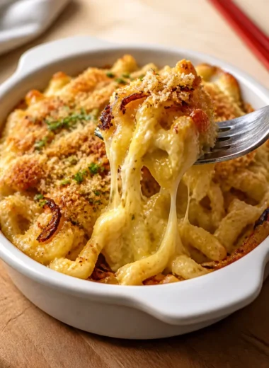 Käsespätzle mit karamellisierten Zwiebeln auf einem Teller serviert.