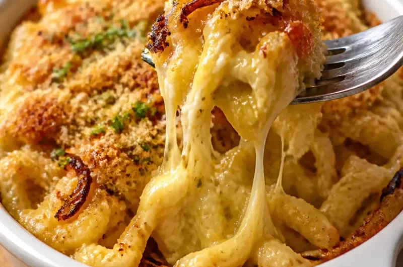 Käsespätzle mit karamellisierten Zwiebeln auf einem Teller serviert.