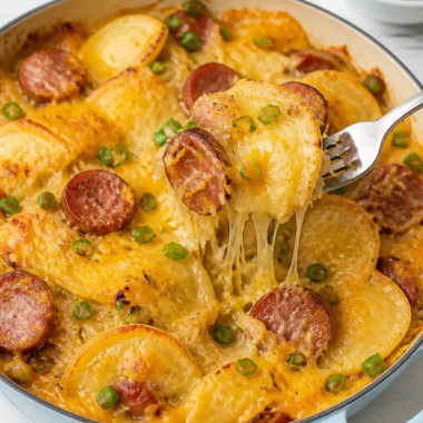 Kielbasa, Pierogies and Sauerkraut Bake | Blue Jean Chef - Meredith Laurence 37 Kielbasa Bake mit Pierogies und Sauerkraut auf einem Teller serviert.