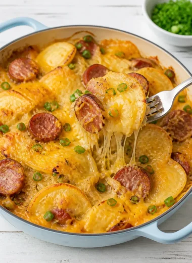Kielbasa Bake mit Pierogies und Sauerkraut auf einem Teller serviert.