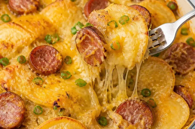 Kielbasa Bake mit Pierogies und Sauerkraut auf einem Teller serviert.