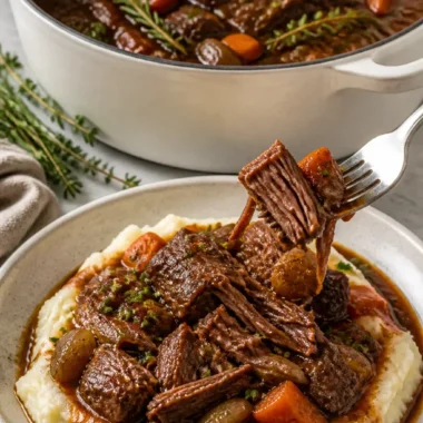 Zartes rotwein geschmortes Rindfleisch, das in verschiedenen Kochmethoden zubereitet wird.