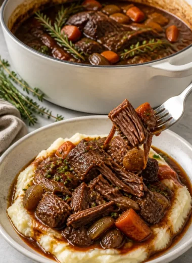 Zartes rotwein geschmortes Rindfleisch, das in verschiedenen Kochmethoden zubereitet wird.