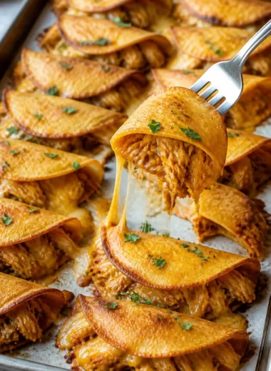 Köstliche Mini Baked Chicken Tacos auf einem Teller serviert.